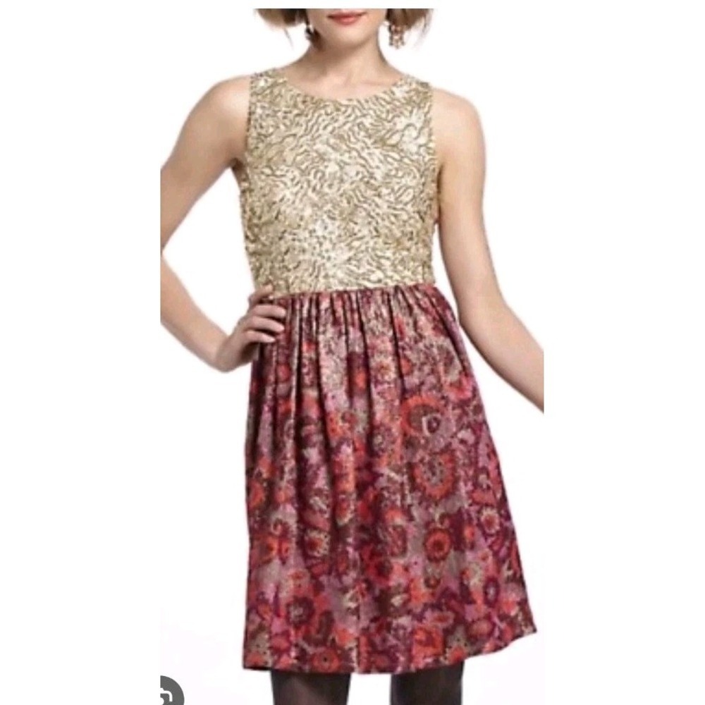 Anthropologie Wren Gold Sequin  Floral Jacquard Cocktail Dress Size S